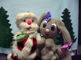 A photo of the Santa Claus and Belinda Bunny puppets from Foxy Christmas