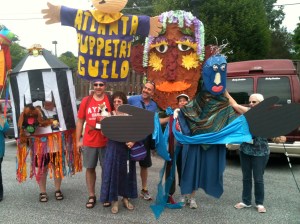 The Atlanta Puppetry Guild was well represented in the parade! Piccadilly Puppets had the large blue-headed puppet on the right.