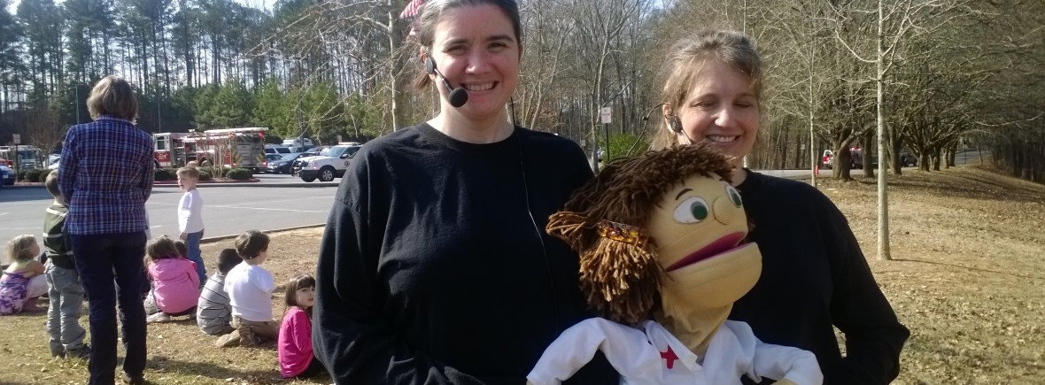 Two puppeteers work the Ellen Jane puppet together.