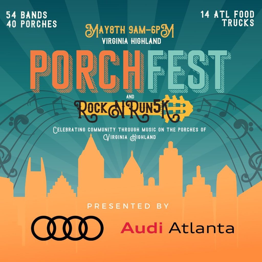 A poster advertising the Virginia-Highland Porchfest and Rock N Run 5k. May 8th 9AM-6PM Music graphics and a silhouette of the Atlanta skyline